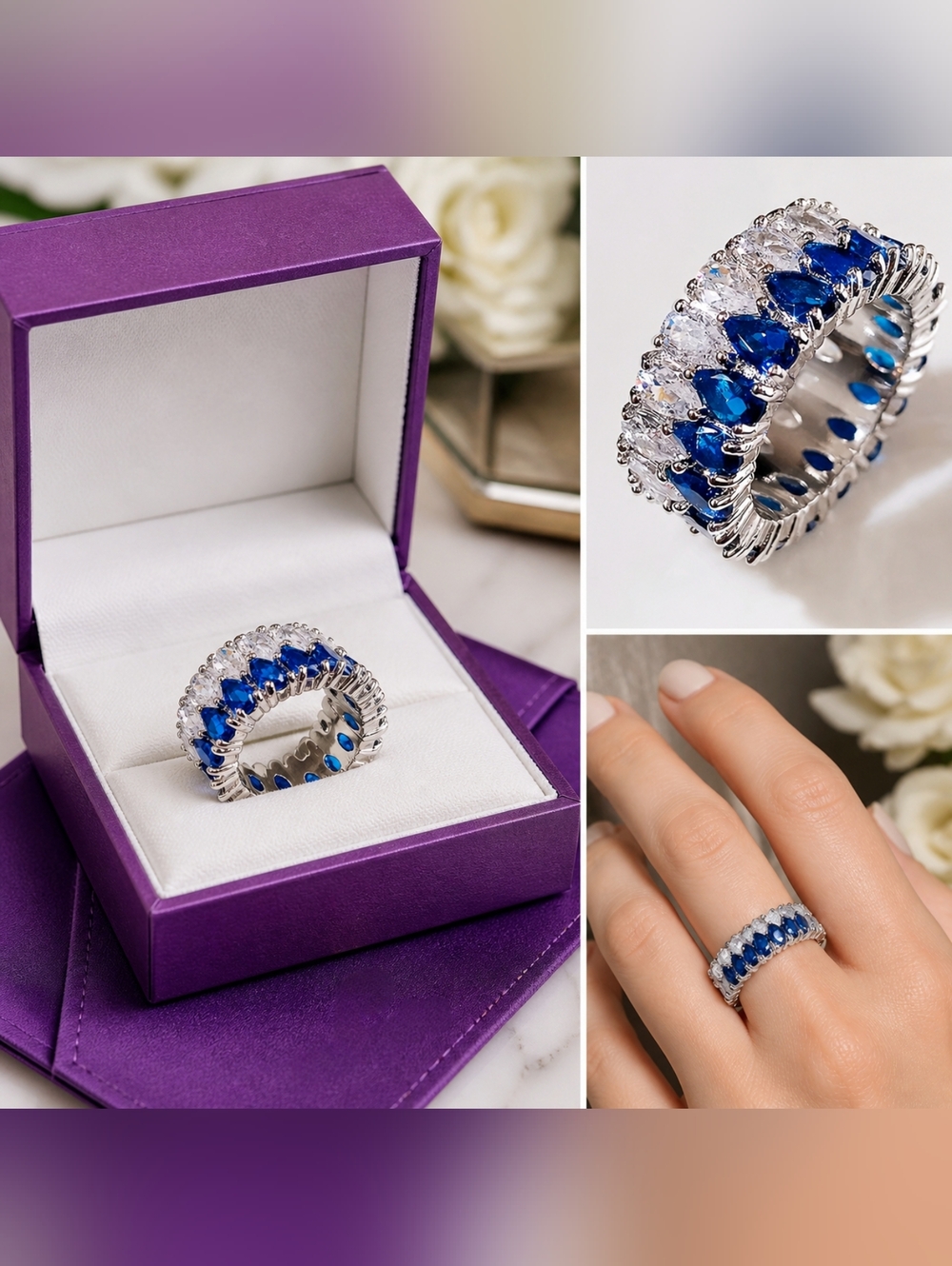 Silver Ring with Blue and Clear Stones - Women Jewelry - Picture 1 of 4